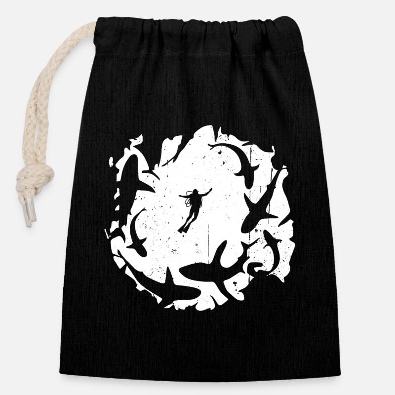 Plongeur en silhouette circulaire de requin - Sac cadeau en coton avec cordon (14 x 20 cm) - noir