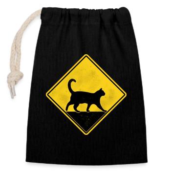 Cat Yellow Road Sign - Closable cotton gift bag (14x20cm) - black - Front