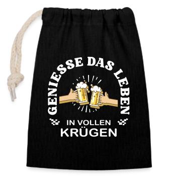 Genieße das Leben in vollen Krügen – Bier Spruch - Verschließbarer Geschenkbeutel aus Baumwolle (14x20cm) - Schwarz - Vorne