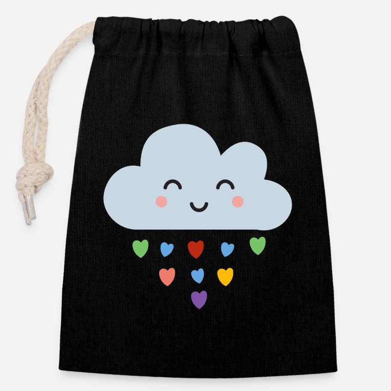Cute Cloud Rainbow Hearts Kawaii Happy Mood Design - Closable cotton gift bag (14x20cm) - black
