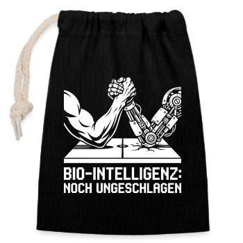 Bio Intelligenz noch ungeschlagen. - Verschließbarer Geschenkbeutel aus Baumwolle (14x20cm) - Schwarz - Vorne