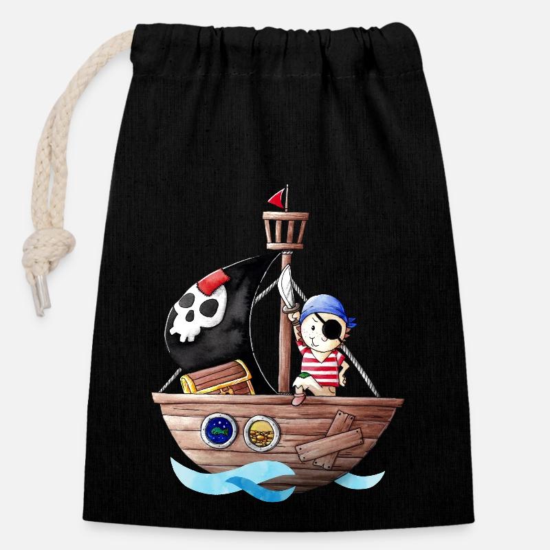 Petit pirate avec son bateau - Sac cadeau en coton avec cordon (14 x 20 cm) - noir