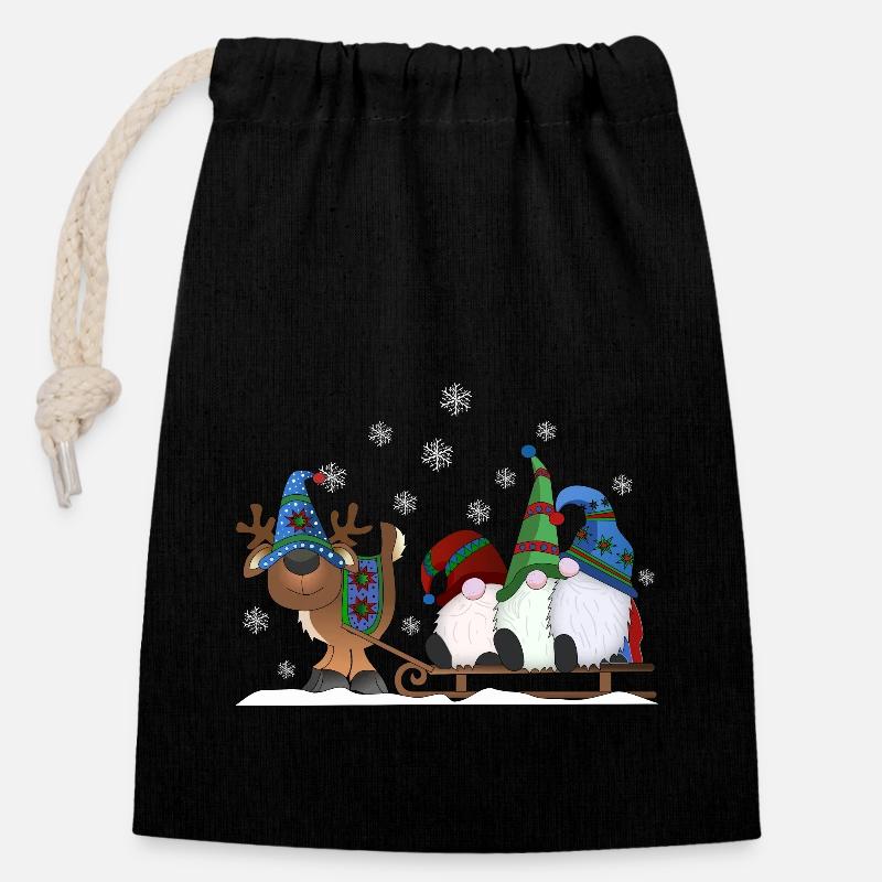 Christmas gnomes with reindeer sleigh - Closable cotton gift bag (14x20cm) - black