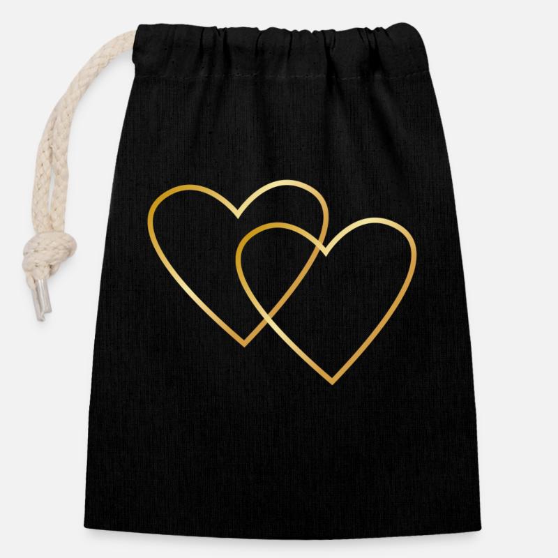 Deux cœurs d’or - Sac cadeau en coton avec cordon (14 x 20 cm) - noir