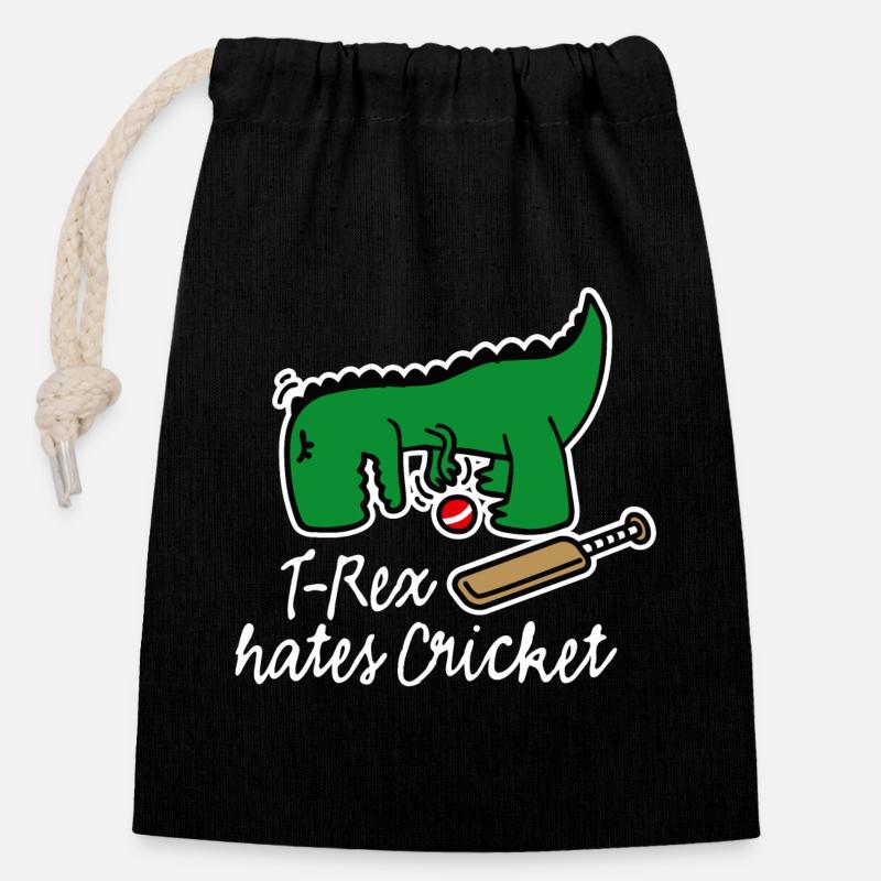 Cricket player dinosaur, T-Rex hates cricket - Closable cotton gift bag (14x20cm) - black