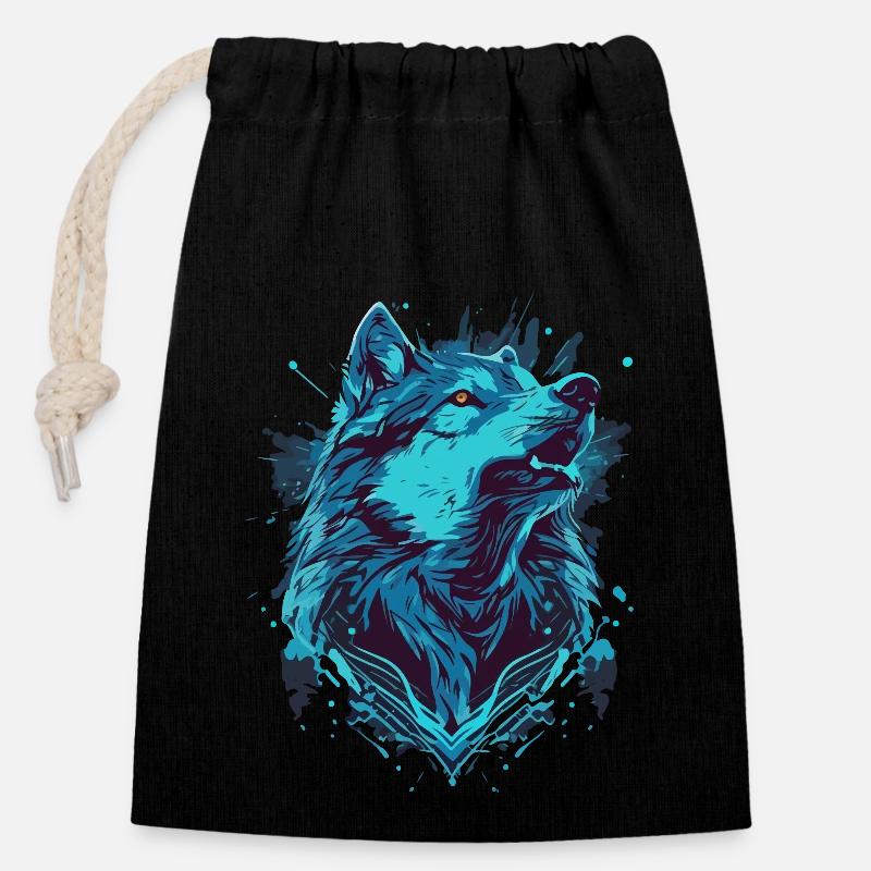 Loup bleu de mer peint - Sac cadeau en coton avec cordon (14 x 20 cm) - noir