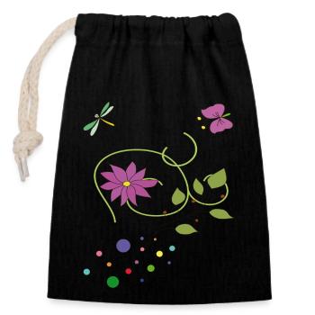 Vrille florale avec papillon et libellule - Sac cadeau en coton avec cordon (14 x 20 cm) - noir - Devant
