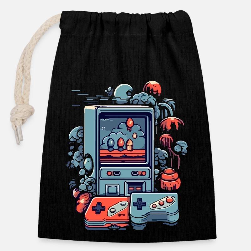 Jeu vidéo vintage - Sac cadeau en coton avec cordon (14 x 20 cm) - noir
