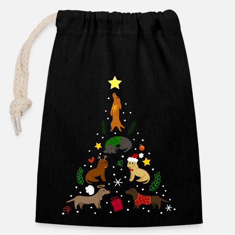 Dackel Tree Christmas - Sac cadeau en coton avec cordon (14 x 20 cm) - noir