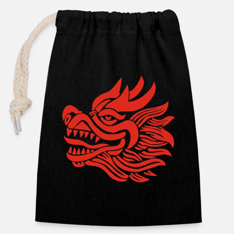Chinesischer Drachenkopf (Rot) - Verschließbarer Geschenkbeutel aus Baumwolle (14x20cm) - Schwarz