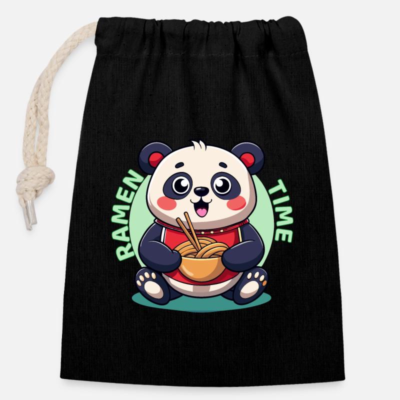 Ramen-Panda Zeit - Verschließbarer Geschenkbeutel aus Baumwolle (14x20cm) - Schwarz