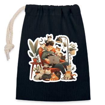 Les chats adorent les propriétaires de chats dans le bureau à domicile du soir - Sac cadeau en coton avec cordon (14 x 20 cm) - bleu marine - Devant