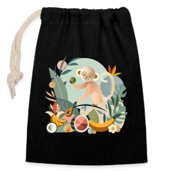Playful monkey with tropical fruits - Closable cotton gift bag (14x20cm) - black - Front
