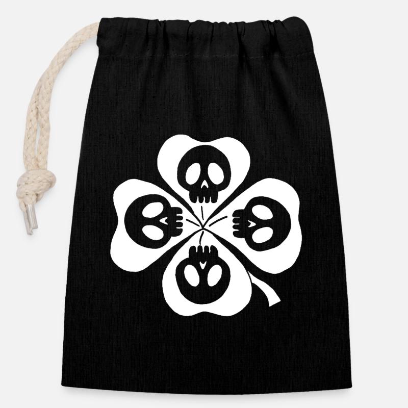 Têtes de mort et trèfle à quatre feuilles blanc - Sac cadeau en coton avec cordon (14 x 20 cm) - noir