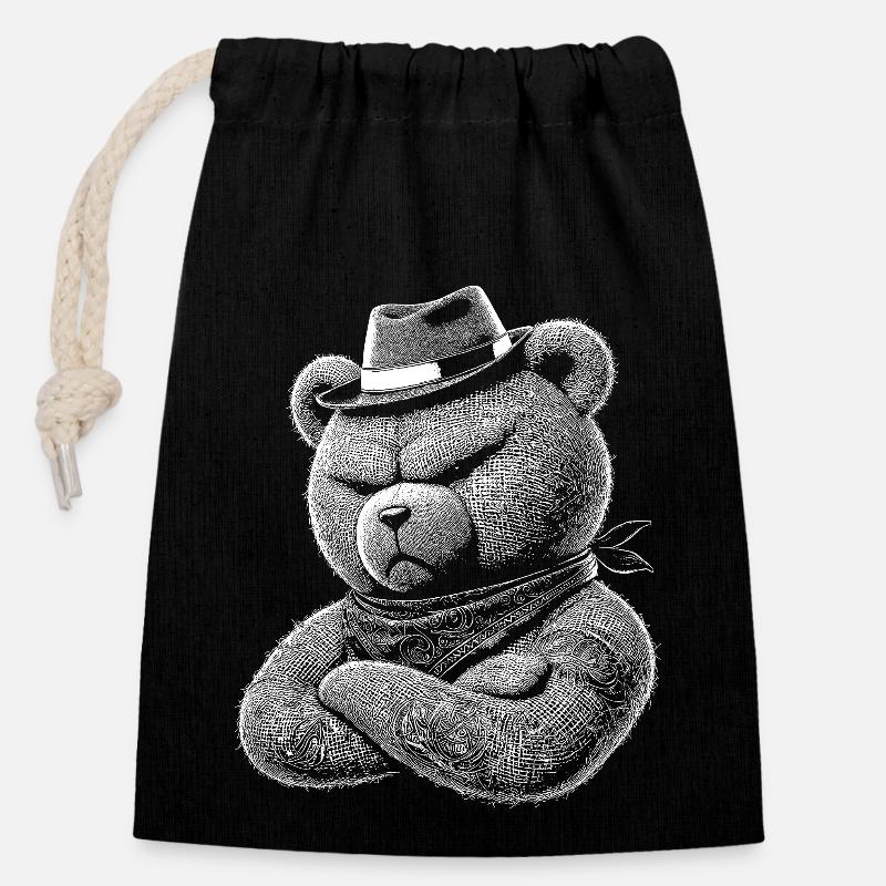 Nounours - Sac cadeau en coton avec cordon (14 x 20 cm) - noir