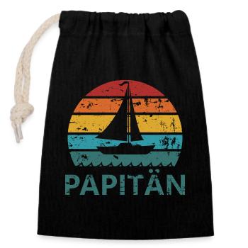 Papitän – Segelboot Retro Shirt für Väter, Geburt - Verschließbarer Geschenkbeutel aus Baumwolle (14x20cm) - Schwarz - Vorne