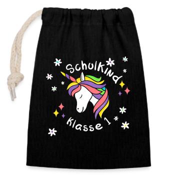 Schulkind Einschulung EINHORN - Verschließbarer Geschenkbeutel aus Baumwolle (14x20cm) - Schwarz - Vorne