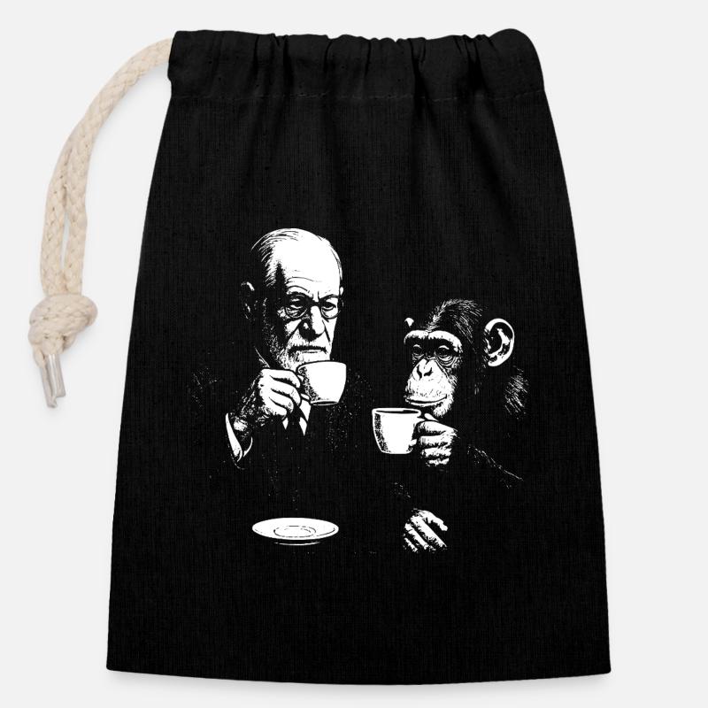 Sigmund Freud buvant du café avec un singe - Sac cadeau en coton avec cordon (14 x 20 cm) - noir