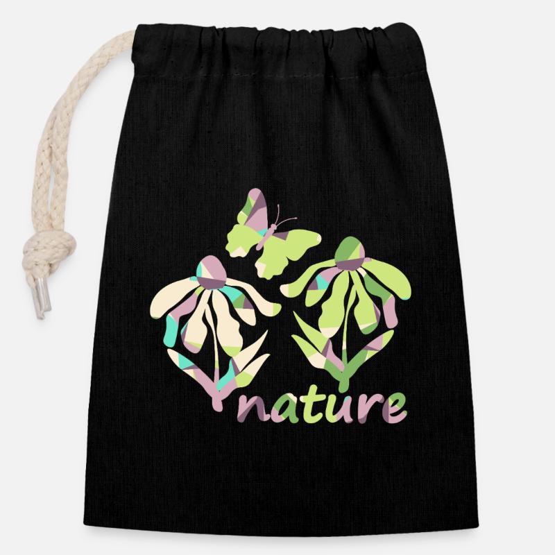 Couleur Nature - Floraison - Sac cadeau en coton avec cordon (14 x 20 cm) - noir