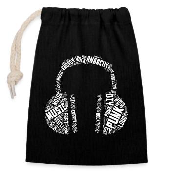 Punk Typography Headphones Word Art Design - Closable cotton gift bag (14x20cm) - black - Front