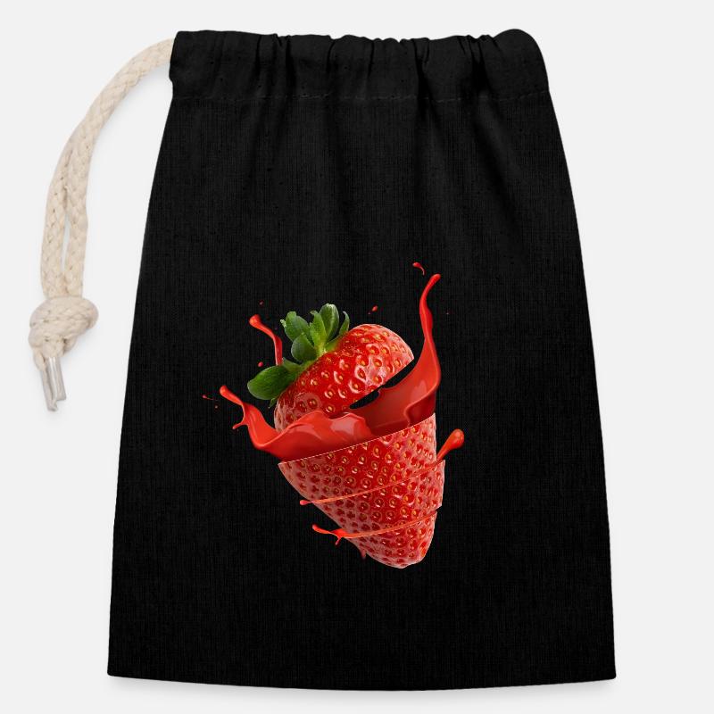 Fraise avec éclaboussure - Sac cadeau en coton avec cordon (14 x 20 cm) - noir