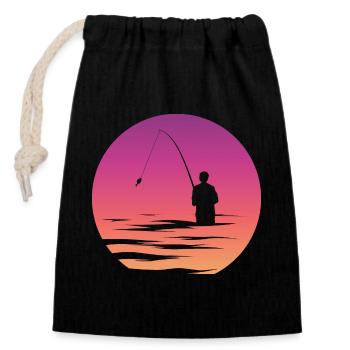 Angler Fisherman Lake Symbol Moon Sea Illustration - Closable cotton gift bag (14x20cm) - black - Front