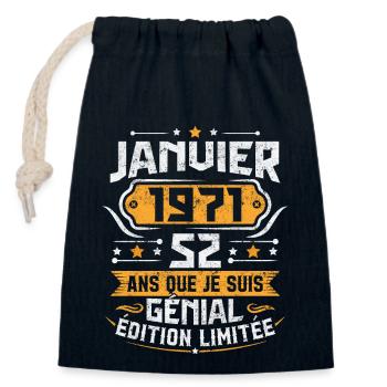 Rétro Cadeau D'anniversaire 52 Ans Janvier 1971 - Sac cadeau en coton avec cordon (14 x 20 cm) - bleu marine - Devant