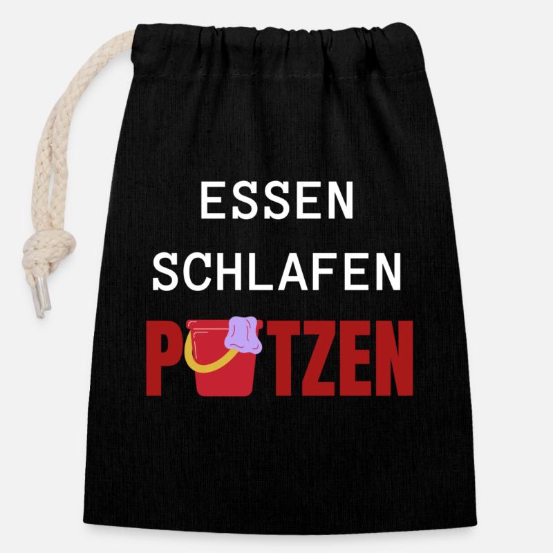 ESSEN SCHLAFEN PUTZEN - Verschließbarer Geschenkbeutel aus Baumwolle (14x20cm) - Schwarz