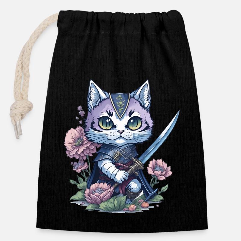 Le chat ninja – unique et coloré - Sac cadeau en coton avec cordon (14 x 20 cm) - noir