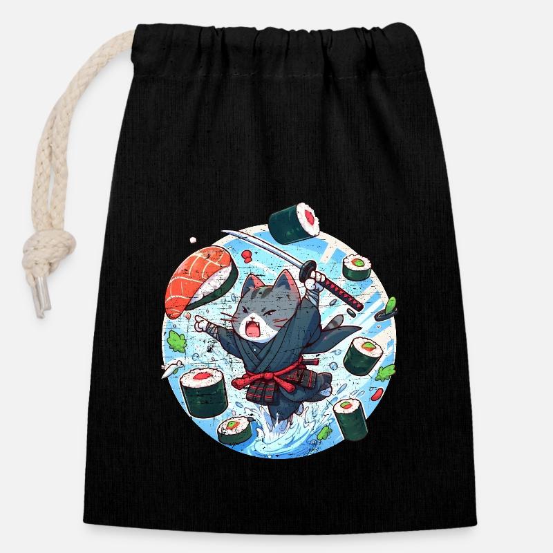 Le chat japonais aime les sushis kawaii - Sac cadeau en coton avec cordon (14 x 20 cm) - noir