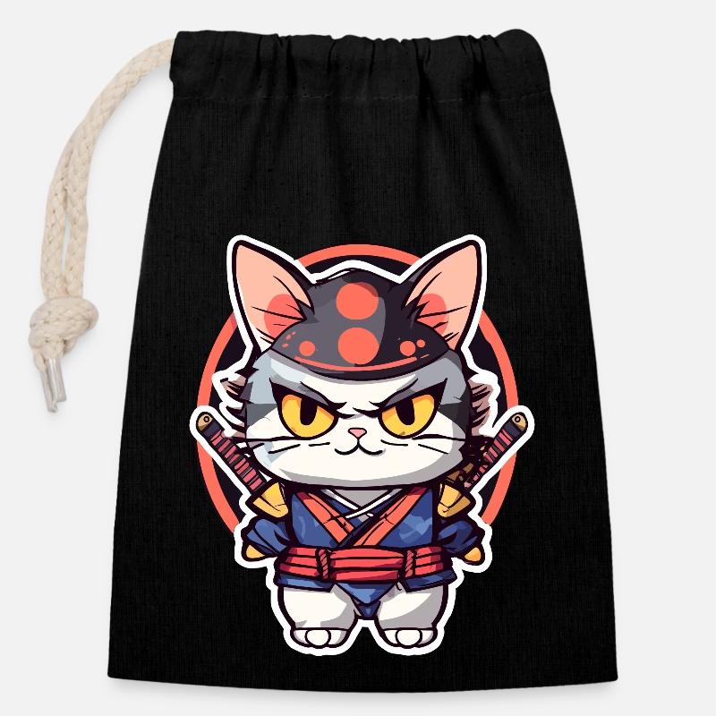Samurai Cat #3 - Closable cotton gift bag (14x20cm) - black