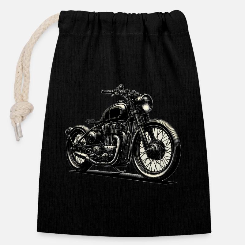 Motorrad Grafik, Vintage - Verschließbarer Geschenkbeutel aus Baumwolle (14x20cm) - Schwarz