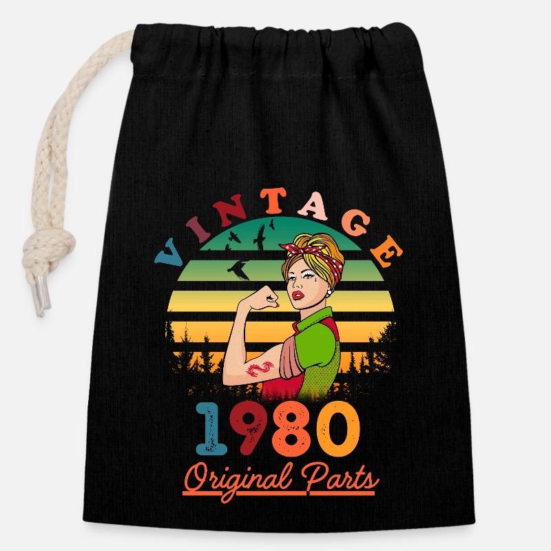 Vintage 1980's - Closable cotton gift bag (14x20cm) - black