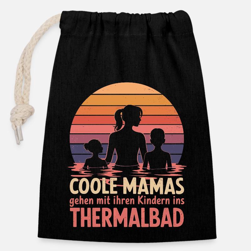 Mama und Kinder, Junge und Mädchen Thermalbad - Verschließbarer Geschenkbeutel aus Baumwolle (14x20cm) - Schwarz