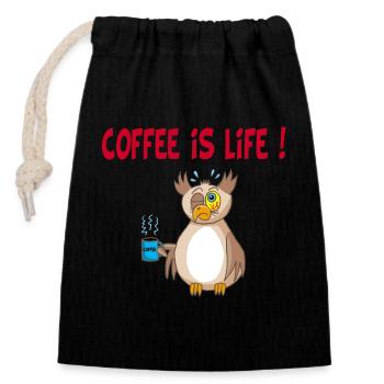 Eule und Kaffee (Englisch) - Verschließbarer Geschenkbeutel aus Baumwolle (14x20cm) - Schwarz - Vorne