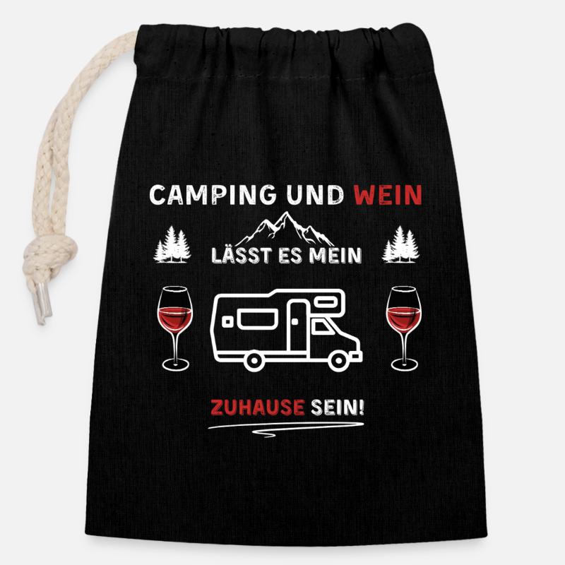 Camping und Wein - Spruch - Verschließbarer Geschenkbeutel aus Baumwolle (14x20cm) - Schwarz