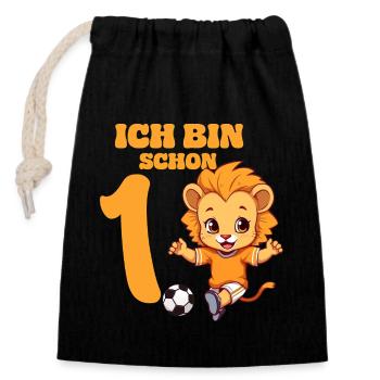 1 Bébé 1er Anniversaire Fille Garçons Football Lion - Sac cadeau en coton avec cordon (14 x 20 cm) - noir - Devant