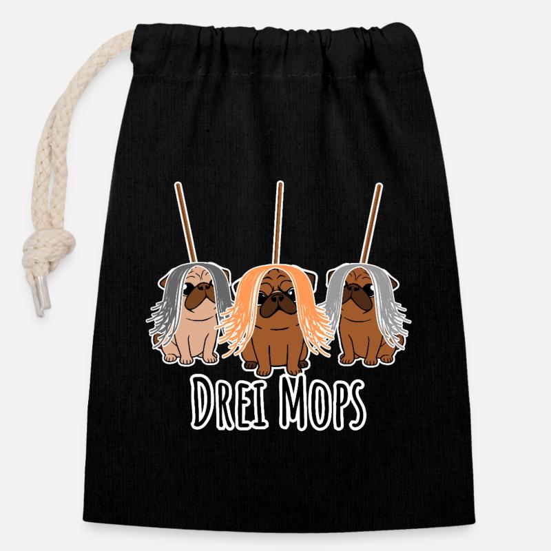 Zwei Mops - Hunde oder Putzgeräte? Hunde Humor? - Verschließbarer Geschenkbeutel aus Baumwolle (14x20cm) - Schwarz