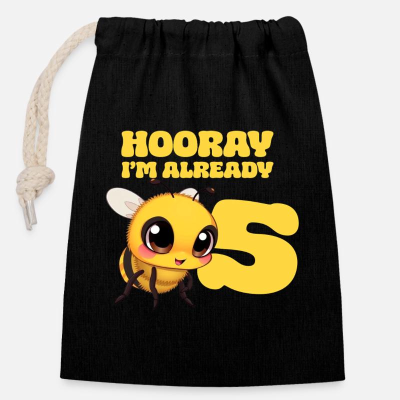 Bee Bee - Hourra, j’ai déjà 5 ans - Sac cadeau en coton avec cordon (14 x 20 cm) - noir