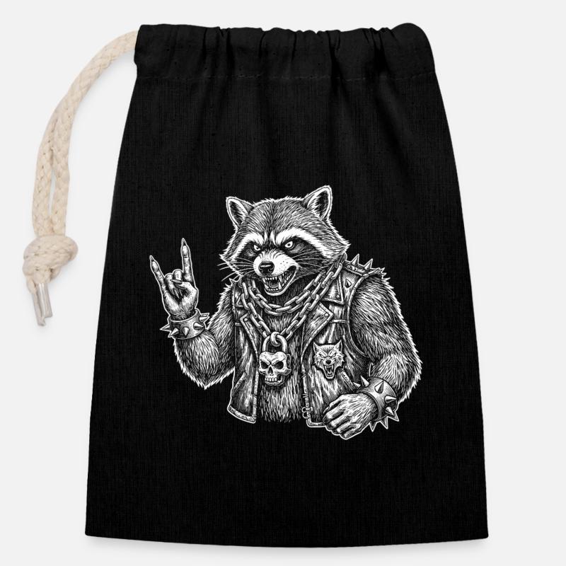 Drôle de musique rock de raton laveur rétro - Sac cadeau en coton avec cordon (14 x 20 cm) - noir