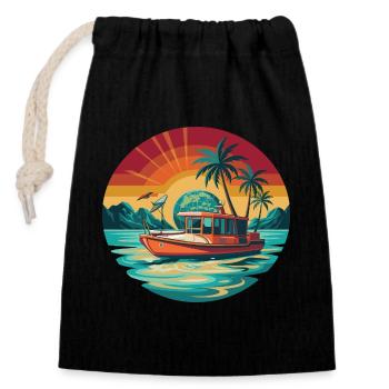 Retro Boat Sunset Tropics - Sac cadeau en coton avec cordon (14 x 20 cm) - noir - Devant