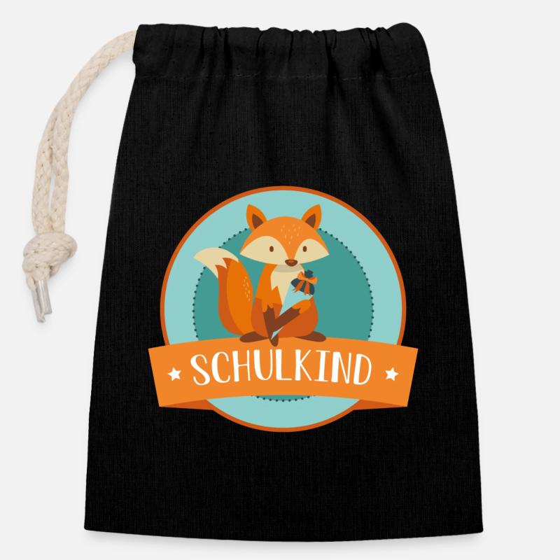 Schulkind - schlauer Fuchs - Schulbeginn - Verschließbarer Geschenkbeutel aus Baumwolle (14x20cm) - Schwarz