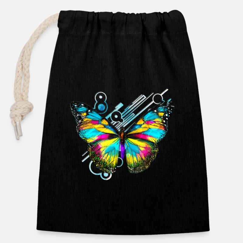 Papillon arc en ciel abstrait - Sac cadeau en coton avec cordon (14 x 20 cm) - noir