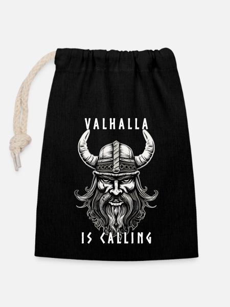 Valhalla is calling, Viking Warrior design - Closable cotton gift bag (14x20cm) - black