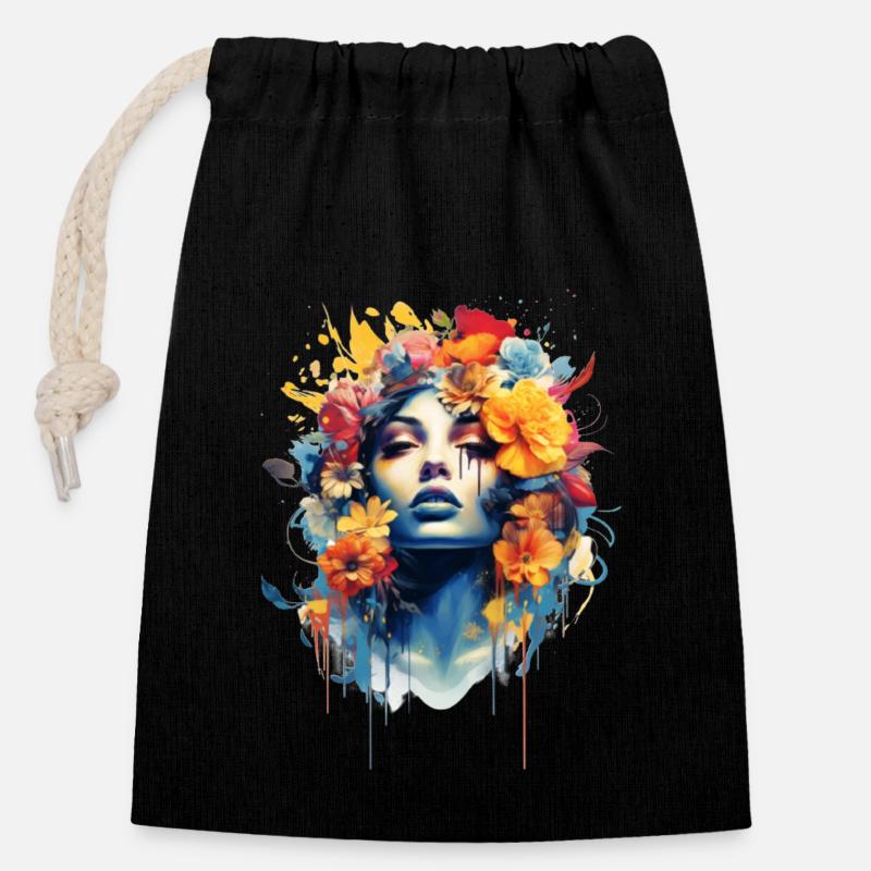 Femme aux oiseaux - Sac cadeau en coton avec cordon (14 x 20 cm) - noir