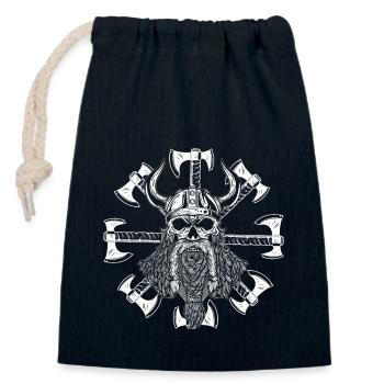 Viking Warrior Skull Flag Pirate Axe Design - Closable cotton gift bag (14x20cm) - navy - Front
