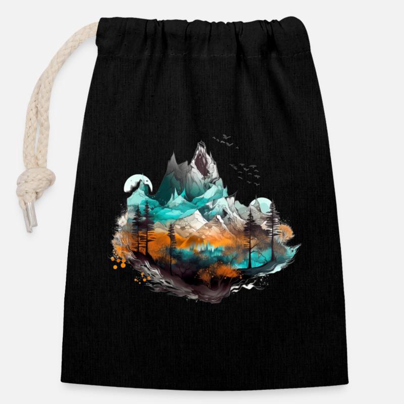 Conception de fantaisie de forêt paysagère - Sac cadeau en coton avec cordon (14 x 20 cm) - noir