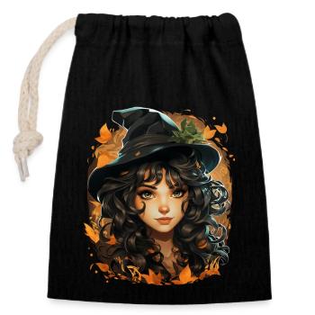 Sorcière d’Halloween I Style de dessin animé I Sorcière - Sac cadeau en coton avec cordon (14 x 20 cm) - noir - Devant