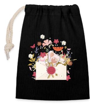 floraler Briefumschlag mit Blüten und Siegel - Verschließbarer Geschenkbeutel aus Baumwolle (14x20cm) - Schwarz - Vorne