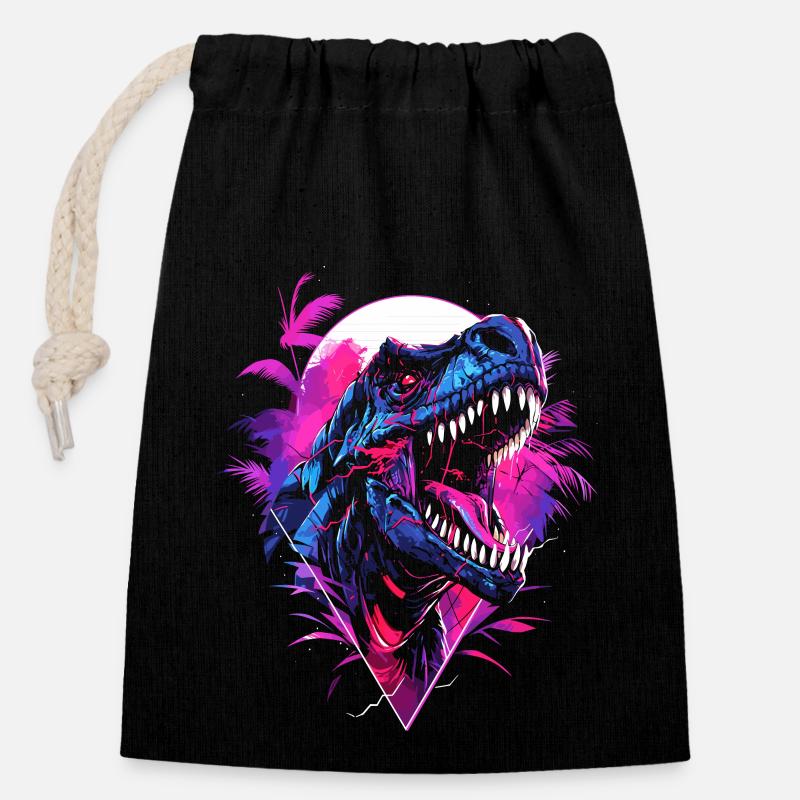 Synthwave T Rex - Verschließbarer Geschenkbeutel aus Baumwolle (14x20cm) - Schwarz